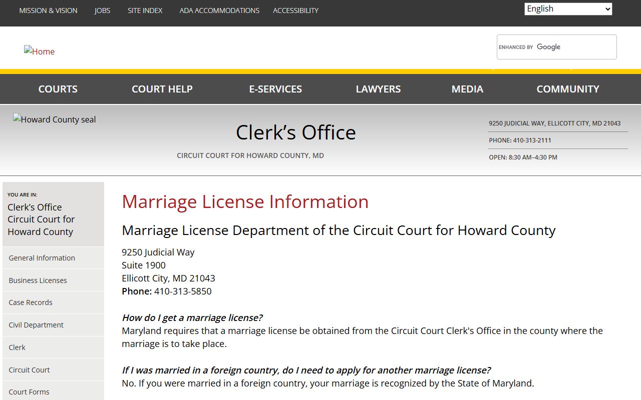 Howard County marriage and divorce records Clerk of the Circuit Court marriage license page
