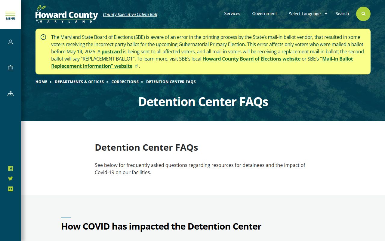 Howard County inmate detention center FAQ page with custody information