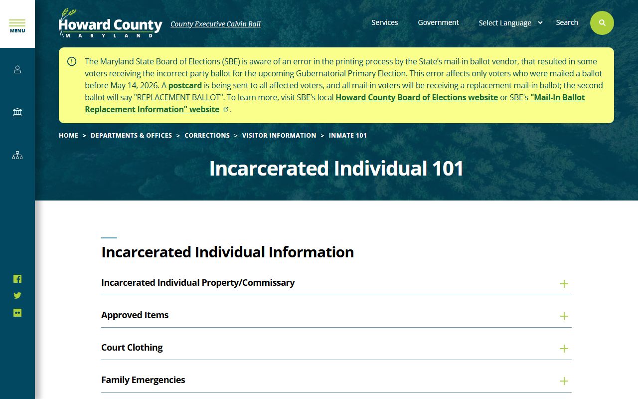 Howard County inmate incarcerated individual 101 page with program and communication details