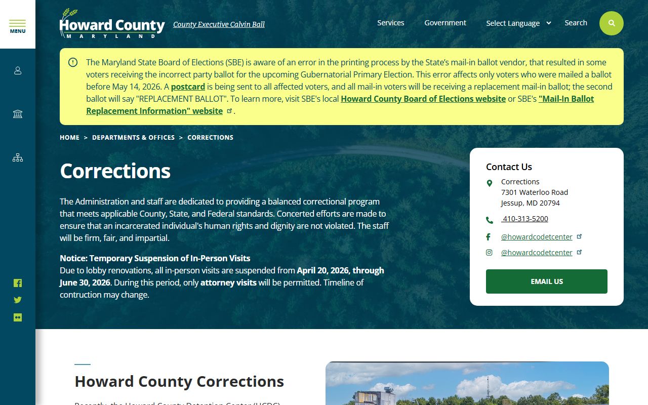 Howard County inmate corrections department overview page