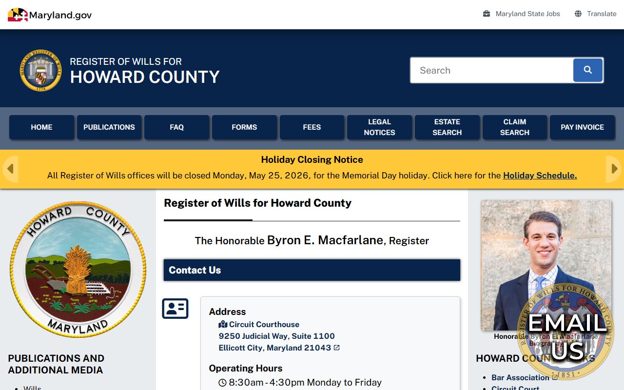 Howard County Register of Wills official page with office details and probate resources
