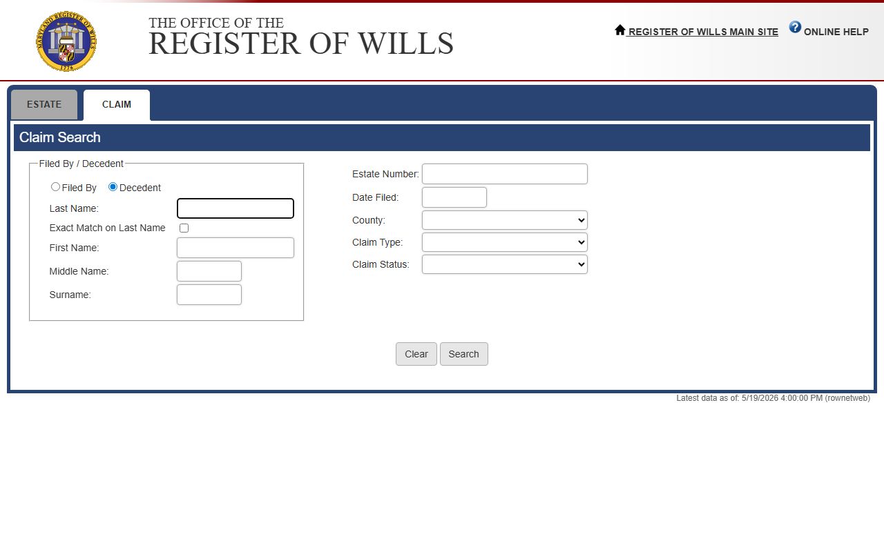 Howard County Orphans' Court probate claim search portal screenshot