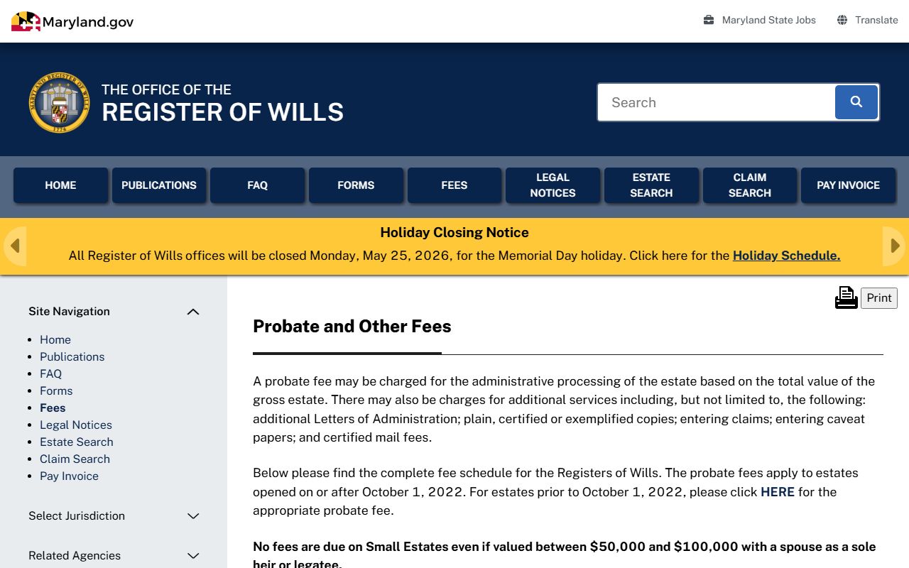 Howard County Register of Wills fee schedule page showing Maryland probate fees