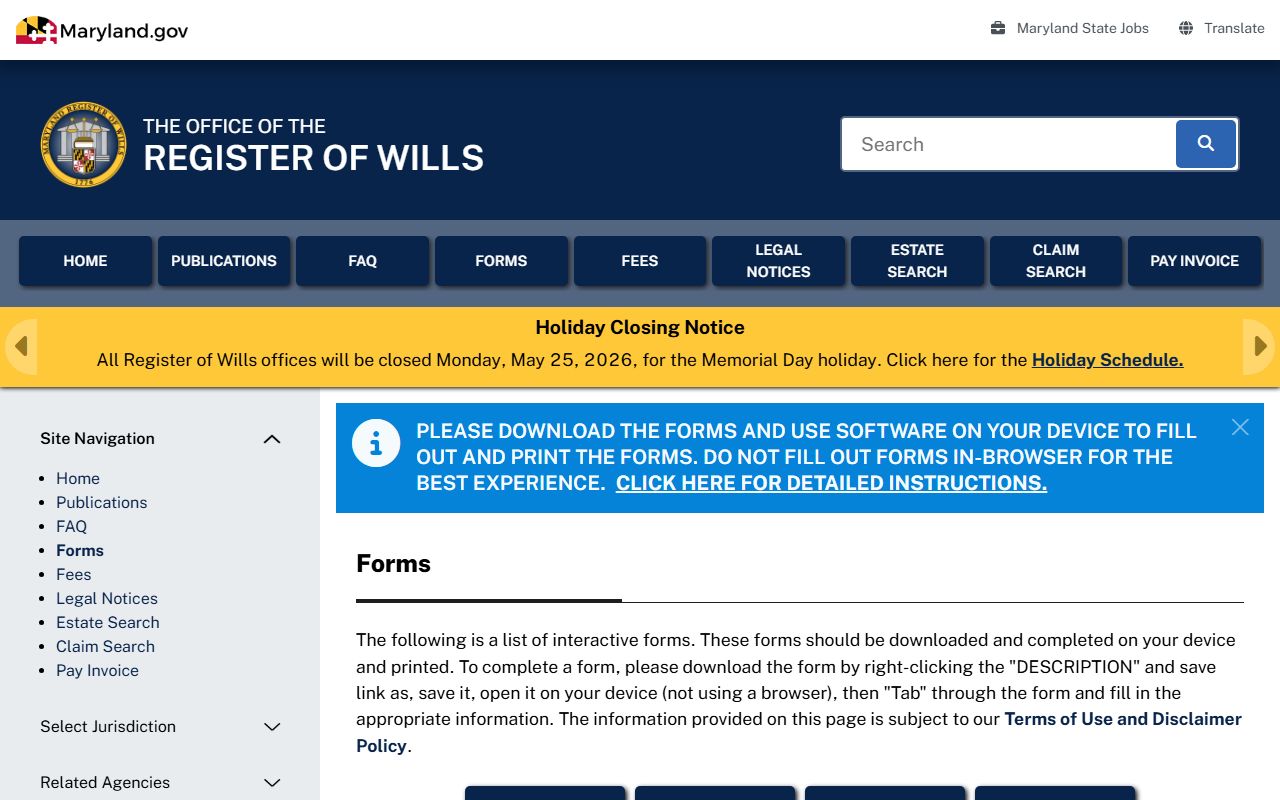 Howard County Register of Wills forms page with probate documents and guides