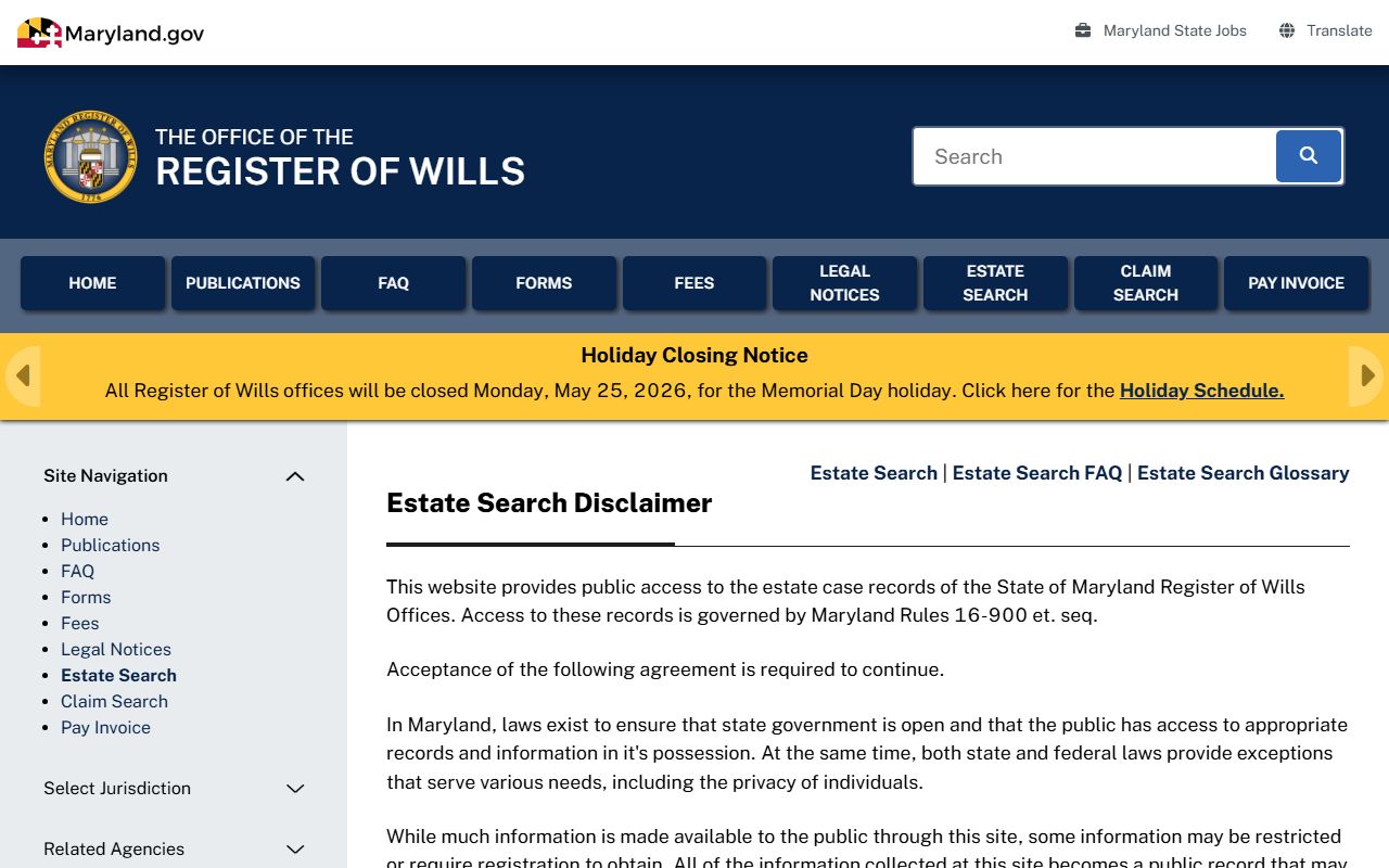 Howard County Register of Wills estate search portal fields