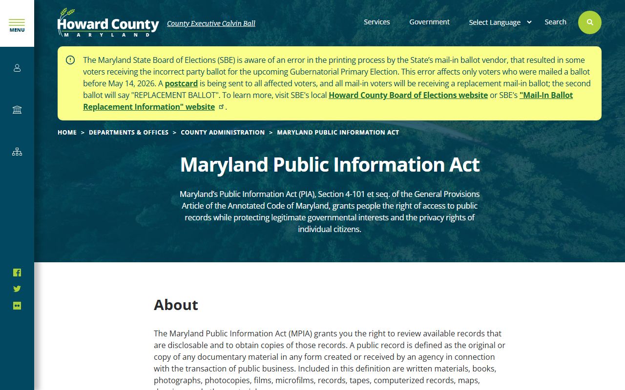 Howard County public records Public Information Act page on howardcountymd.gov