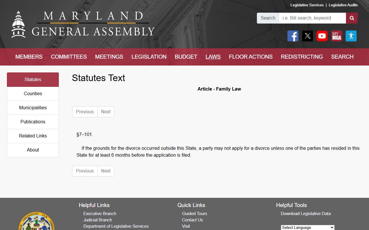 Howard County marriage and divorce records Maryland Family Law section 7-101 divorce grounds statute