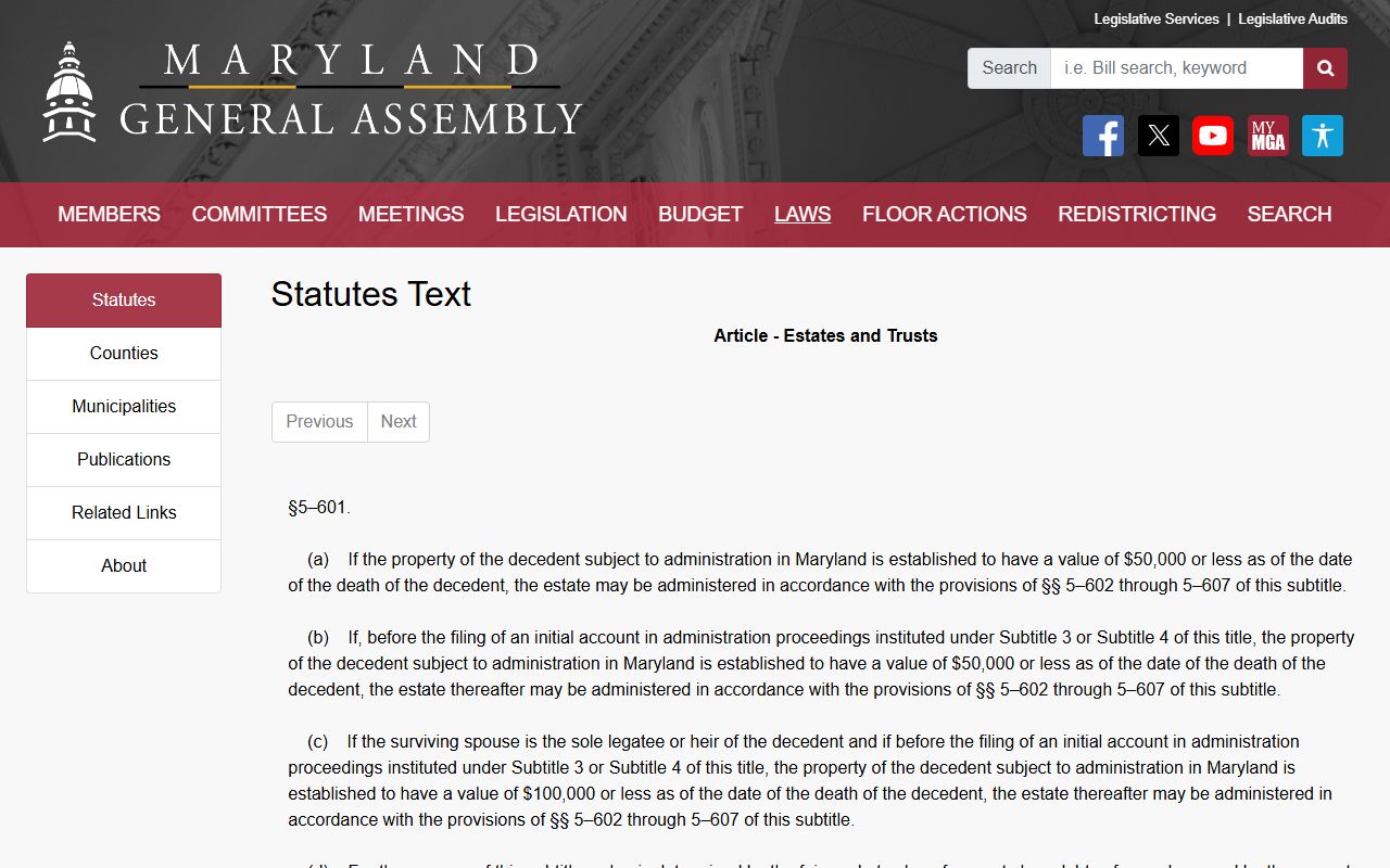 Howard County probate small estate statute Estates and Trusts section 5-601